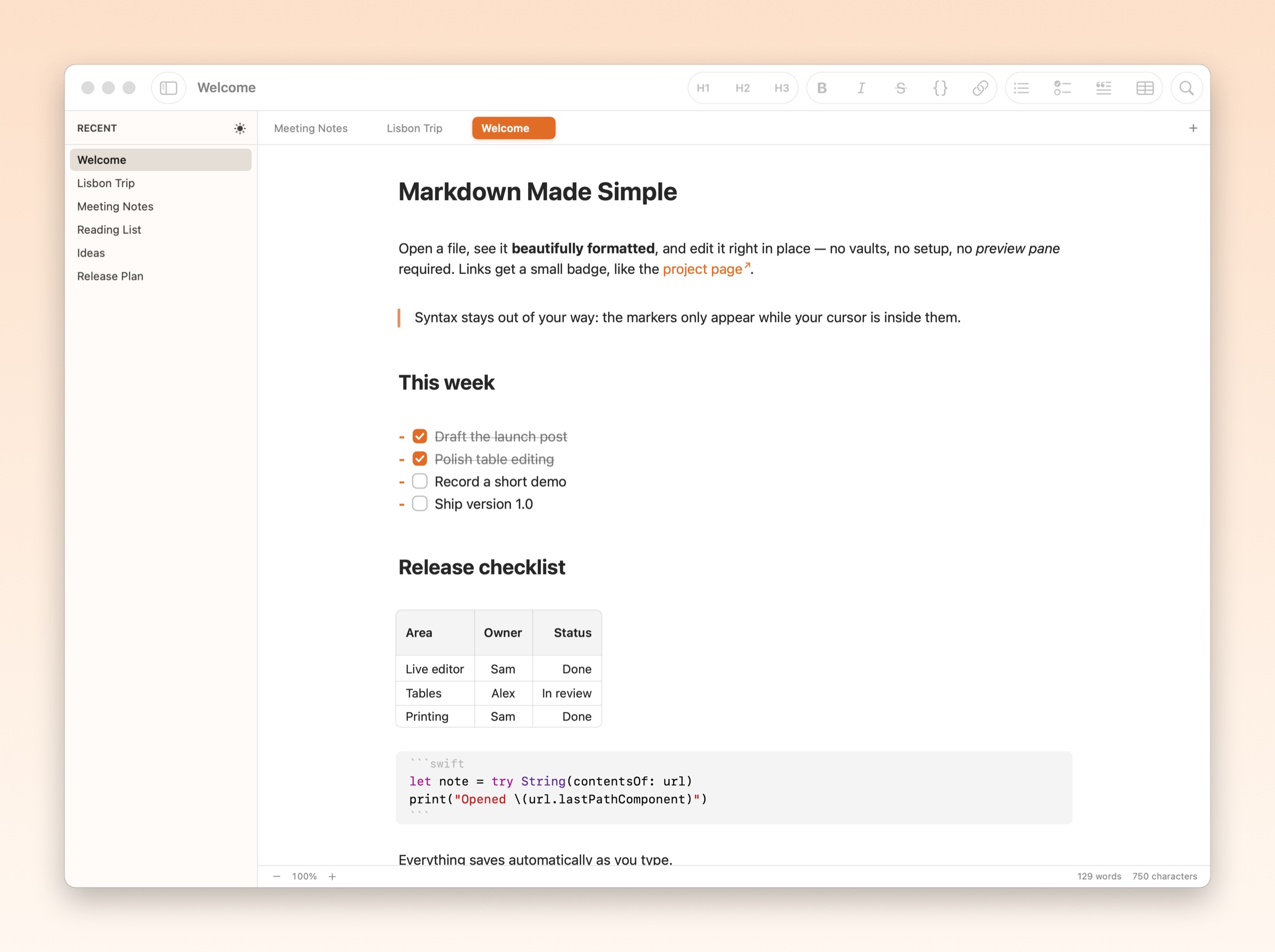 Markdown Made Simple showing a formatted document with headings, task checkboxes, a table and a code block, beside a sidebar of recent files and a row of tabs