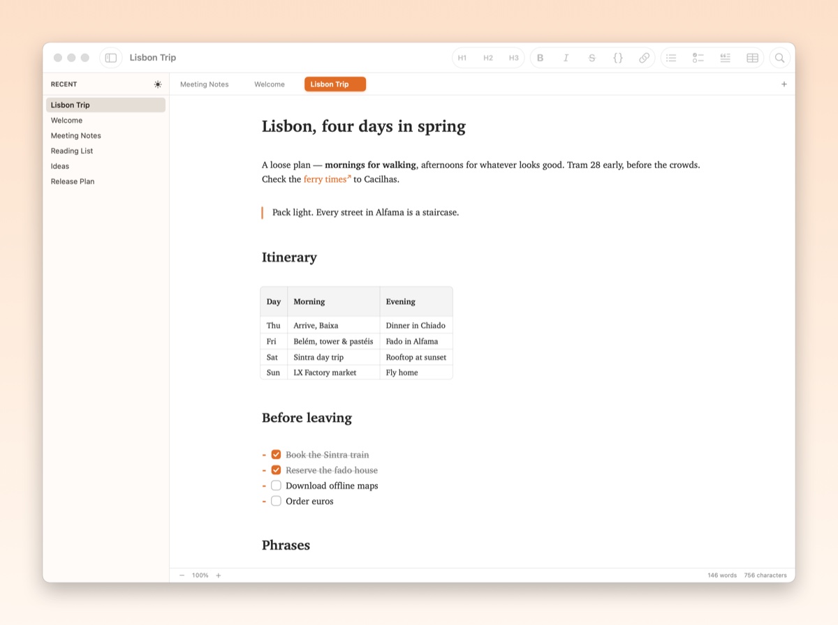 The same itinerary set in the Charter serif font